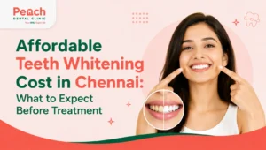 News Corner Woman showing a bright white smile illustrating affordable teeth whitening cost in Chennai before professional dental treatment at Peach Dental Clinic.