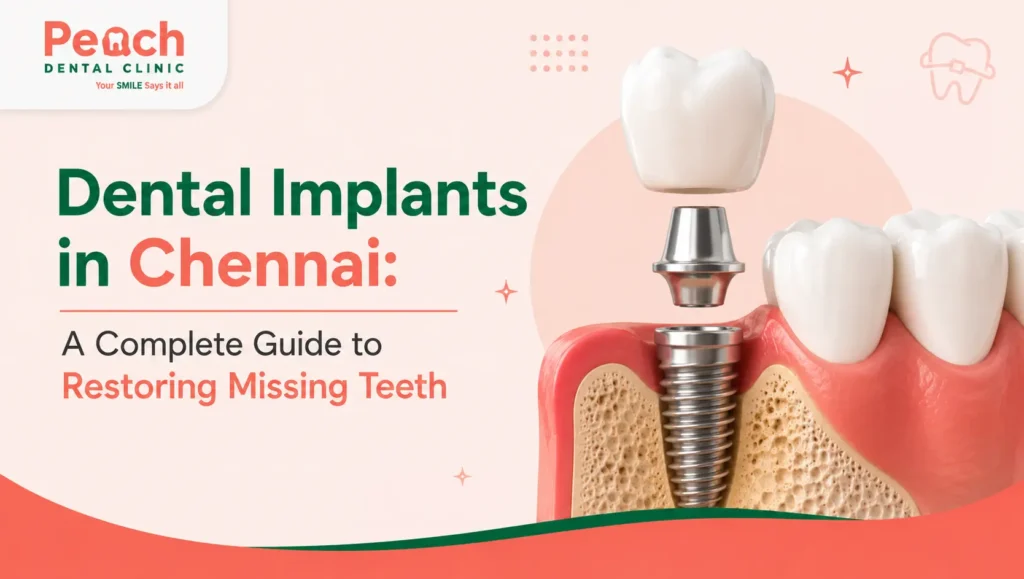 Dental implants in Chennai showing a titanium implant and crown for restoring missing teeth