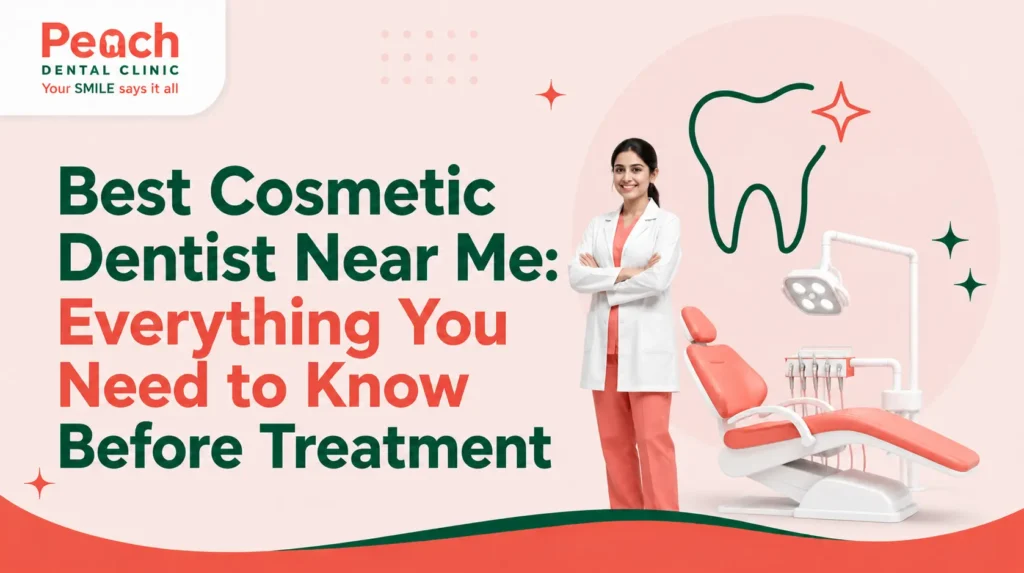 Female cosmetic dentist standing beside a modern dental chair with the title "Best Cosmetic Dentist Near Me: Everything You Need to Know Before Treatment" at Peach Dental Clinic.