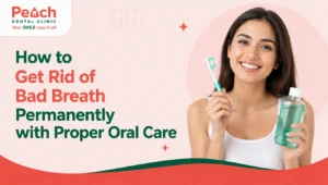 News Corner Smiling woman holding a toothbrush and mouthwash illustrating proper oral care for preventing bad breath, featured image by Peach Dental Clinic.