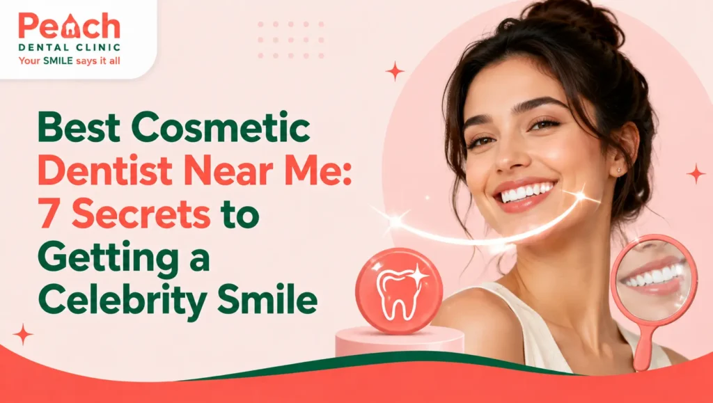 Best Cosmetic Dentist Near Me: 7 Secrets to Getting a Celebrity Smile Best Cosmetic Dentist Near Me featured image showing a smiling woman with bright white teeth, Peach Dental Clinic branding, and the title "7 Secrets to Getting a Celebrity Smile."