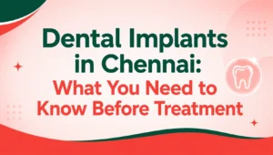 News Corner Dental implants in Chennai blog feature image with a pink background, green and red accents, and a tooth icon.